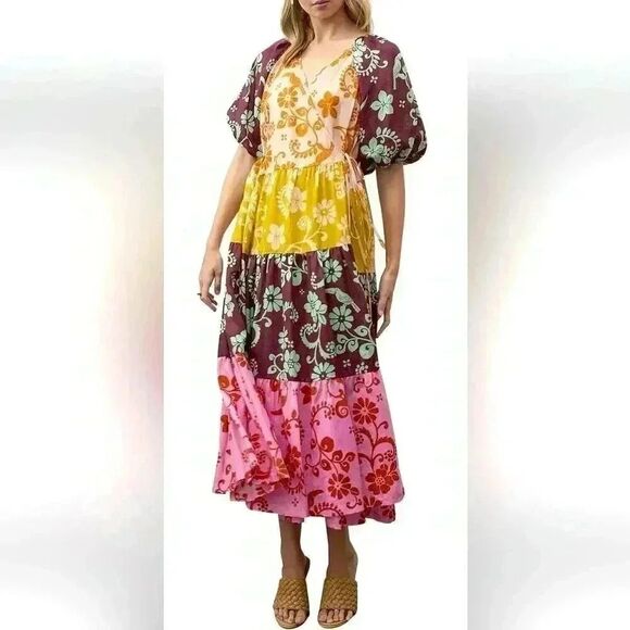 ALÉMAIS 100% Ramie Linen Multicolor Luis Wrap Puff Sleeve Midi Wrap Dress Sz 12 - Picture 5 of 15